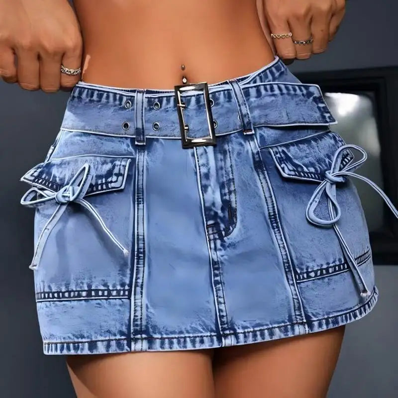 Women's Blue jeans shorts Y2K Inspired Belted Design Bow Adorned Pockets Trendy Streetwear for Fashion Forward Women