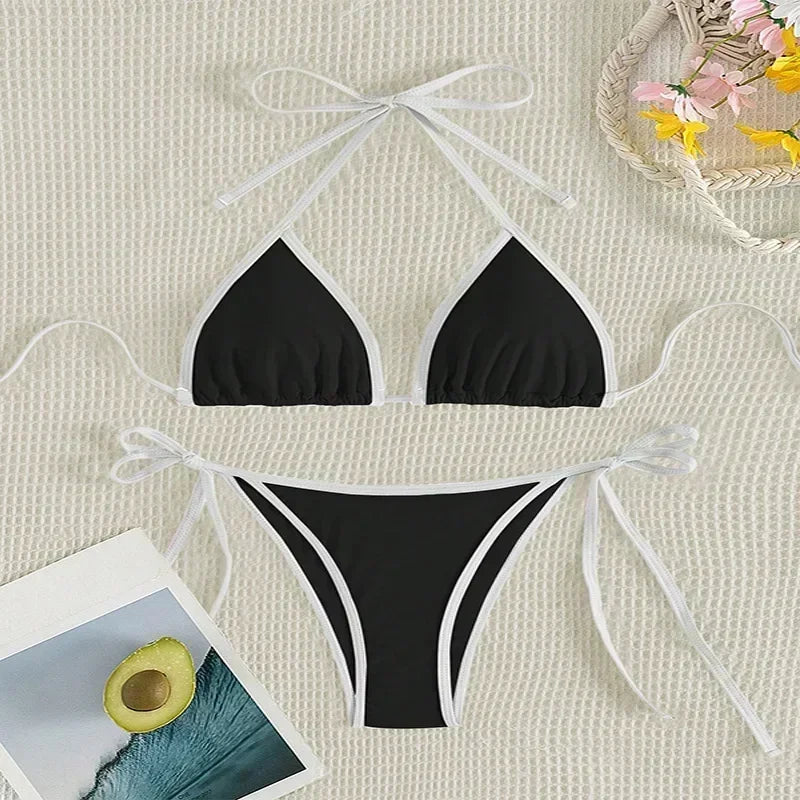 Contrast Color Patchwork Bikinis Bathing Suit Women Sexy Lace Up Triangle Thong Micro Bikini 2025 New Swimwear Biquini Beachwear