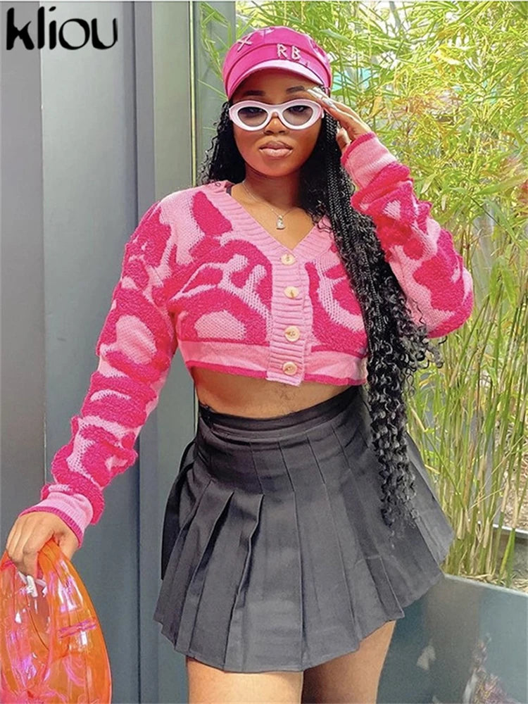 Kliou Knit Coats ladies Autumn New Full Sleeve Breasted Buttons V-neck Ruched Sweather Outwear Bare Midriff Street Tops