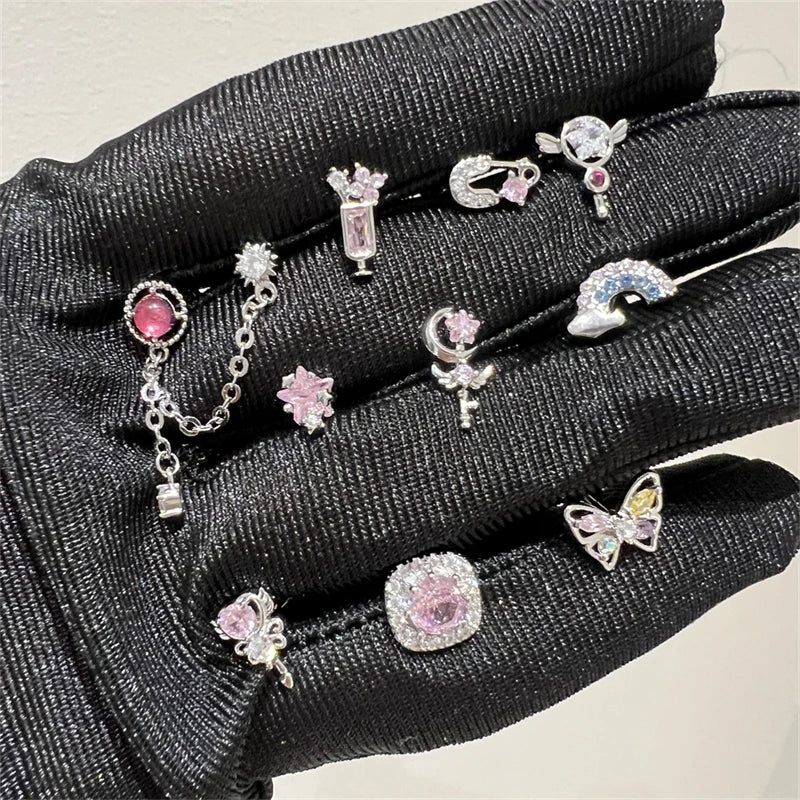 1PCS Cute Pink Zircon 316L Stainless Steel Ear Bone Nail New Fashion Y2K Punk Small Earring for Women Cochlea Jewelry Party Gift