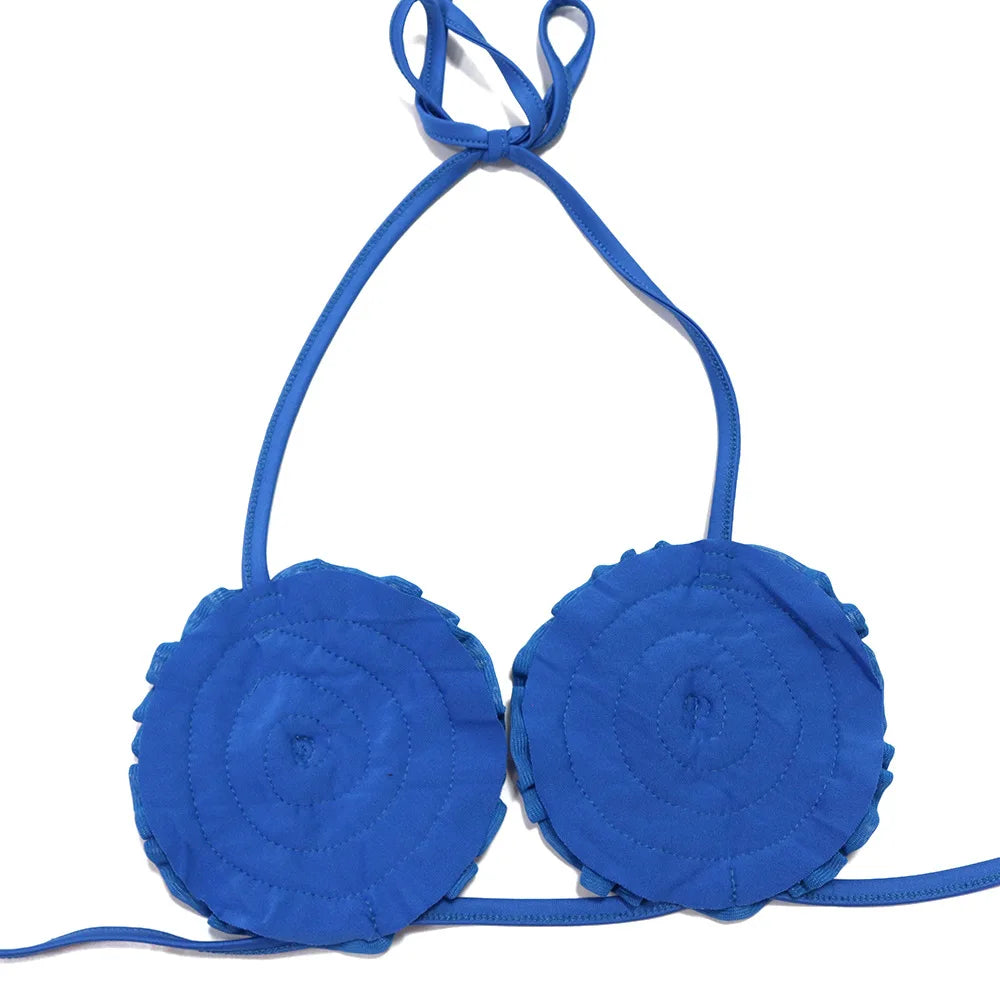 Weird Puss Beach Style Sexy 3 Piece Set Women Lace-Up Halter Pleats Flower Bra+Briefs+See Through Skirts Fashion Bikini Suit
