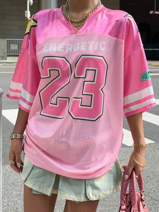 STYLISH LADY Letter Number Printed T Shirts 2025 Summer Women Short Sleeve V Neck Casual Loose Hip Hop Tops Tees