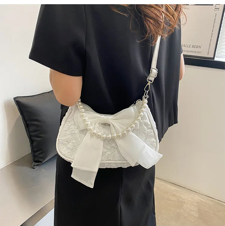 Pearl Female Bag Retro Luxury Designer Handbag Bow Crossbody Bags Fashion Canvas Women's 2023 Trend Shoulder bag Purses