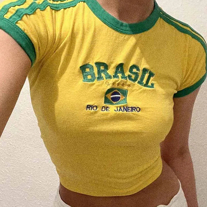 Aesthetic BRASIL Letter Print T-Shirt and Shorts Suit, Vintage Grunge Short Sleeve Baby Tees, Summer Crop Top Y2k Clothe