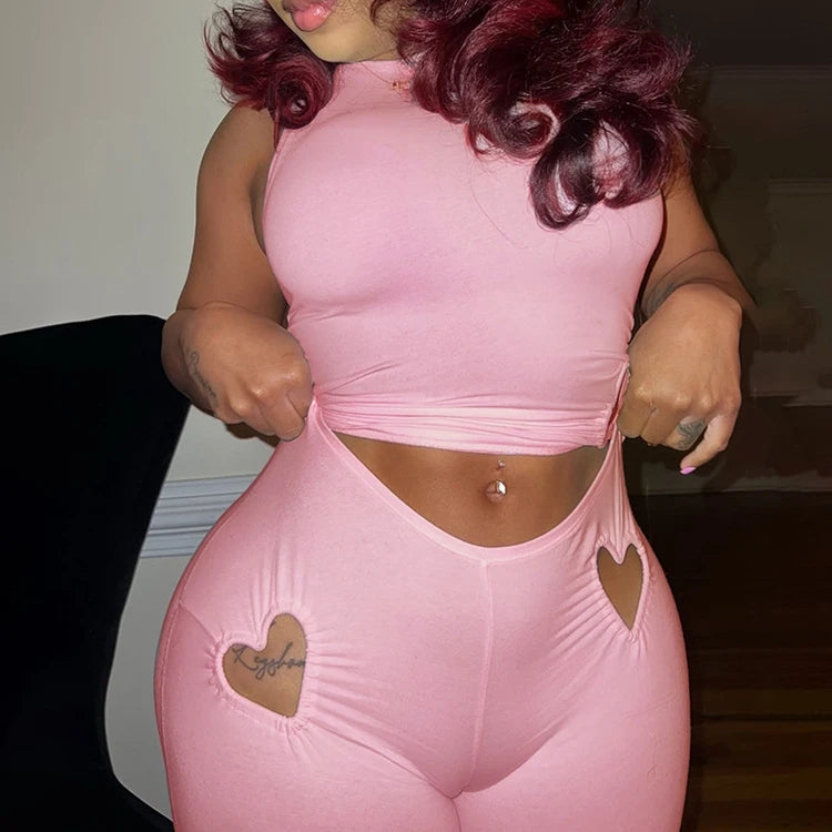 STYLISH LADY Cut Out Heart Fitness 2 Piece Set Women Sleeveless Crop Top and Skinny Pant Suits 2025 Summer Hot Girl Tracksuits
