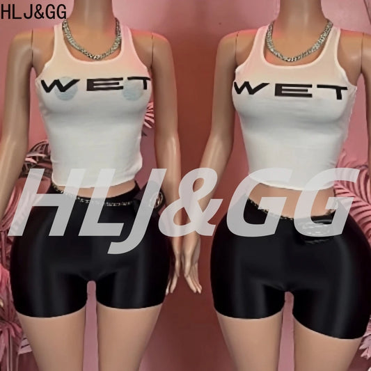 HLJ&GG Sexy Hot Girl Letter Print Bodysuits Two Piece Sets Women Round Neck Sleeveless Top And Shorts Outfits Fashion Streetwear