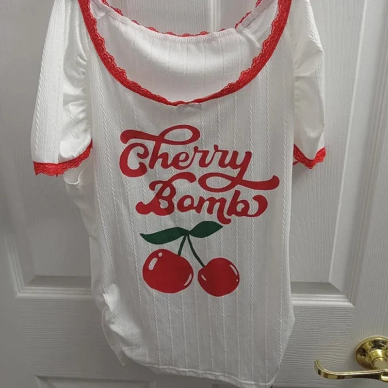 Y2k Sweet Cute Lace Trim Short Sleeve Women's Crop Top Korean Style Aesthetic Slim T-shirt Cherry Printed Basic Baby Tees