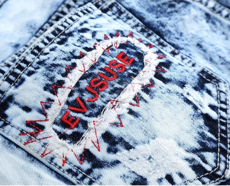 Denim Embroidered Patchwork Ripped Jeans (without Belt) Slim Fashion High Street Motorcycle Denim Pants Male Designer Clothes, men's jeans