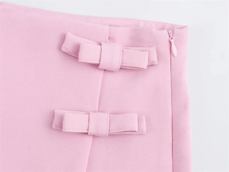 TRAF 2024 Pink White Mini Skirt Woman Fashion Bow Skort For Women Summer Slit Short Skirt Woman Split High Waist Skirt Shorts