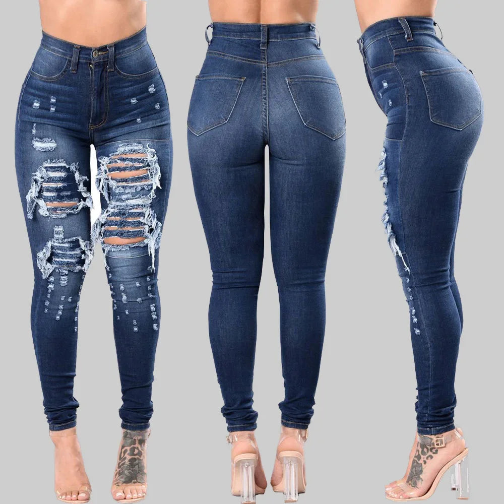 HOLE, ladies 2025 High Waist Ripped Jeans for female, Skinny Black Pockets Jeans Elastic Slim Jean Female Femme Pants