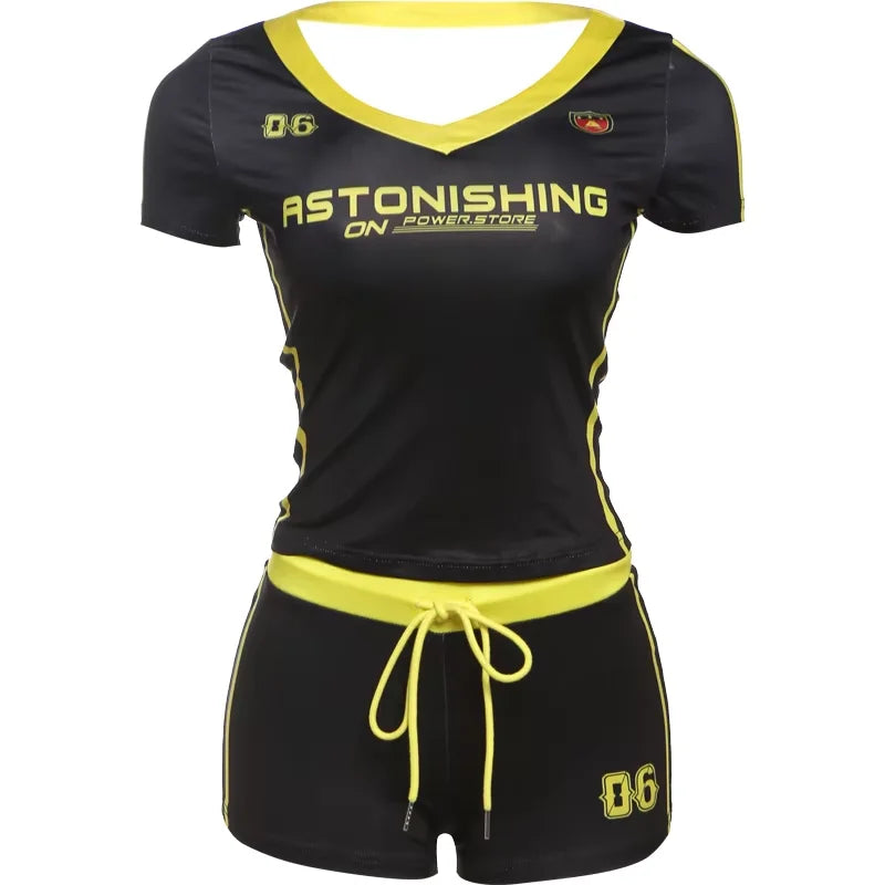 Sisterlinda Casual Summer 2 Piece Set Letter Print Crew Neck Short Sleeve T-shirts+Drawstring Slim Mini Bottoms, lady's Tracksuit