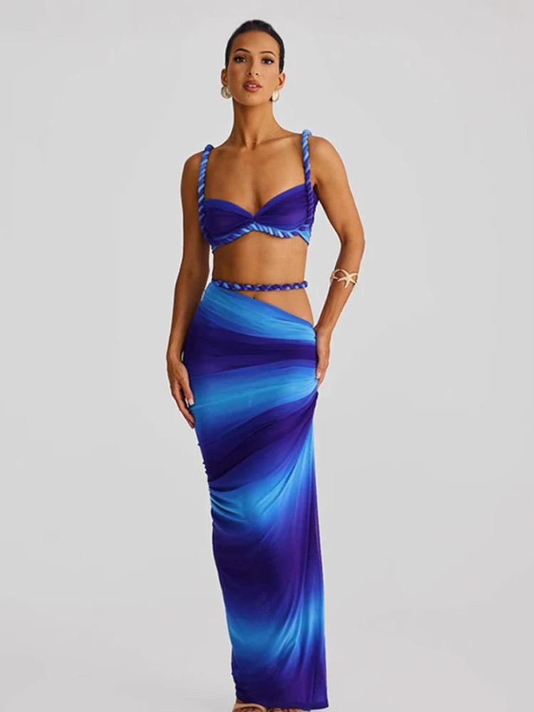 Weird Puss Square Collar 2 Piece Set Women Bra+Skinny Long Skirts Bandage Ruched 2025 Summer Vacation Beach Party Trend Suits