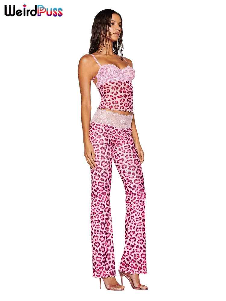 Weird Puss Mesh Patchwork 2 Piece Set Women Sexy Cleavage Sleeveless Crop Tops+Leopard Print Skinny Pants Street Wild Trend Suit
