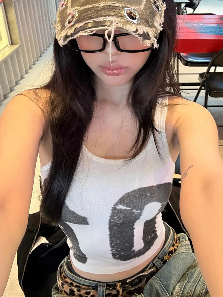 Weird Puss Casual Digital Print Vest Women Fashion Hottie u-Neck Skinny Simple Elasticity Sporty Street Party Classic Daily Tops