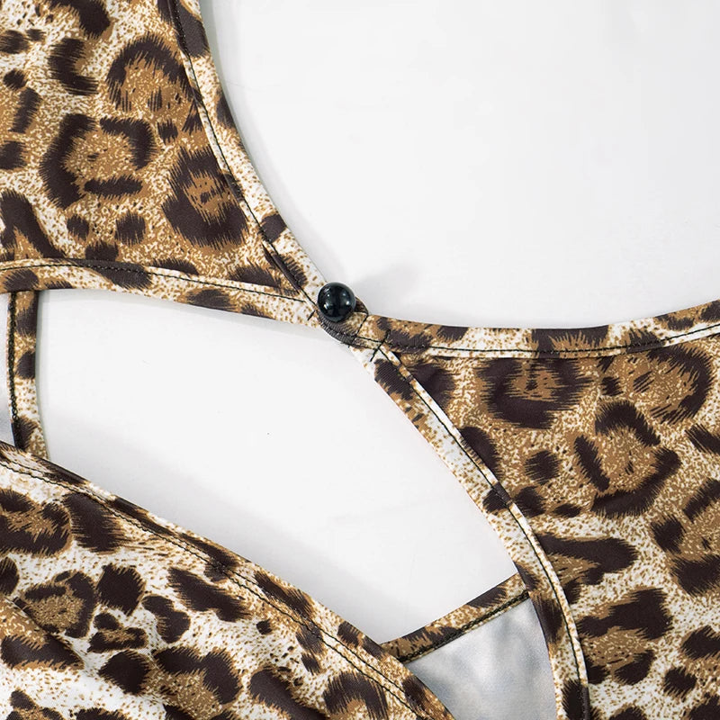 Weird Puss Leopard Print Jumpsuit Women Wild Hollow Low-Neck Sexy Skinny Full Sleeve Peach Hip Midnight Party Overalls Clubwear