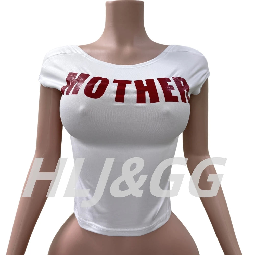 HLJ&GG Red Fashion Letter Backless Tshirts Two Piece Sets Women O Neck Short Sleeve Slim Crop Top And Lace Skirts Shorts Outfits