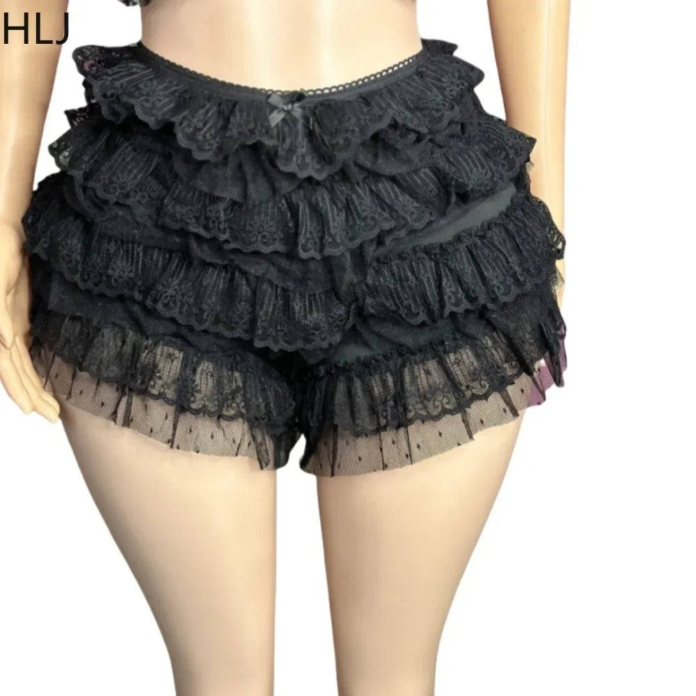 HLJ&GG Lace Sexy Embroidery Sheer Two Piece Sets For Women Thin Strap Tank Top + Ruffle Mini Skirts Shorts Outfit Party Clubwear