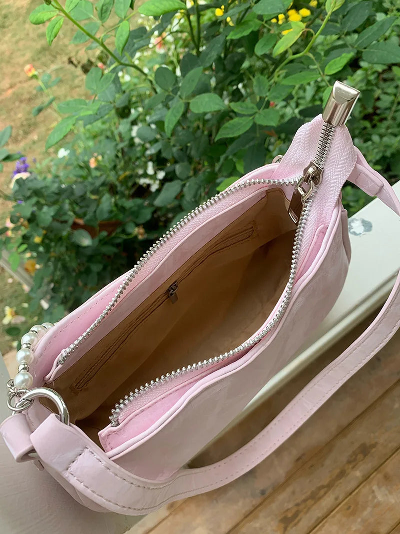 Pink Shoulder Bag Elegant Cute Bow Pearl Chains Bow Embroidery Handbag Casual Leather Korean Fashion Female Handbag