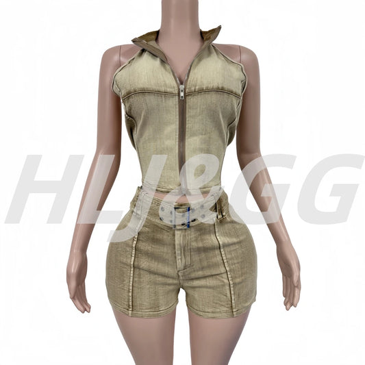 HLJ&GG Sexy Bodycon Woman 2 Piece Set Outfit Halter Sleeveless Backless Crop Tops + Shorts Matching Suits Female Streetwear New