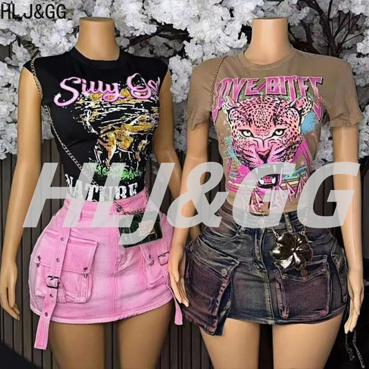 HLJ&GG Black Fashion Y2K Letter Print Two Piece Sets Women O Neck Sleeveless Top And Pocket Cargo Mini Skirts Outfits Streetwear