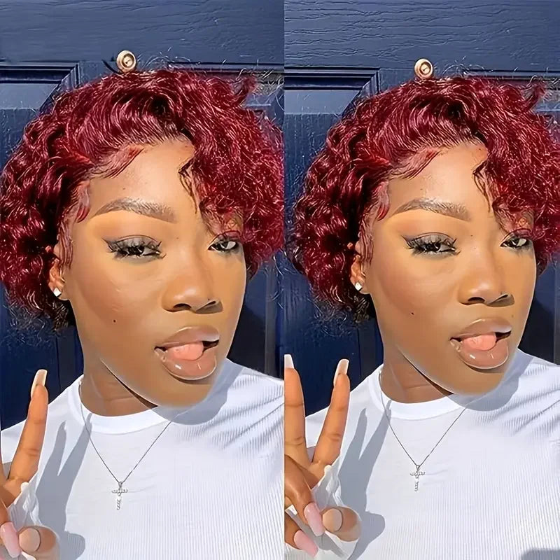 99j Red Short Curly Wigs Pixie Cut Lace Front Wigs 6 inch Human Hair 13X1 Pixie Burgundy Human Hair Wigs For Women Pixie Wig
