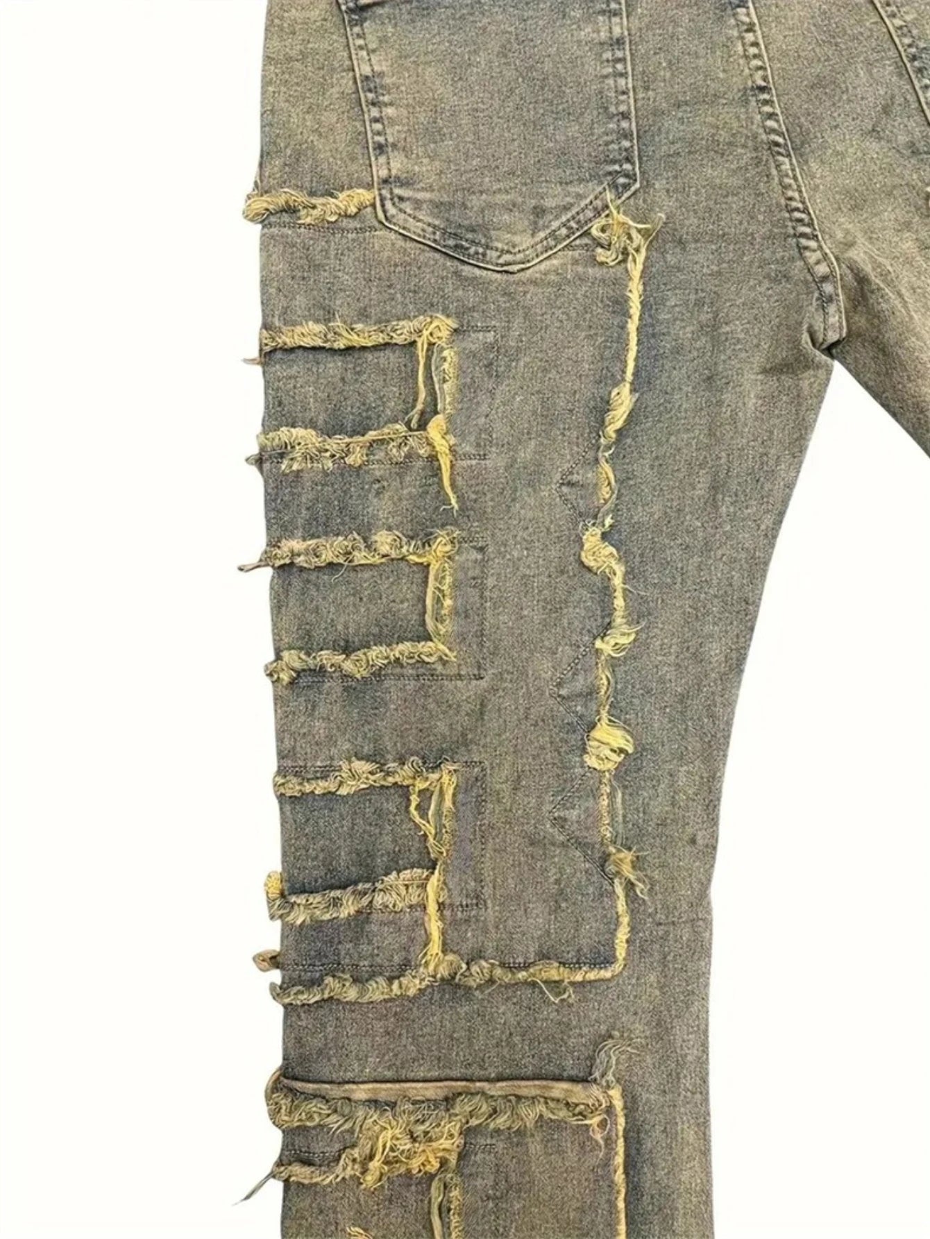 Casual Distressed Men's Jeans Tassels Patchwork Design Vintage Washed Stretch Denim Pants Straight Fashion Streetwear Trousers