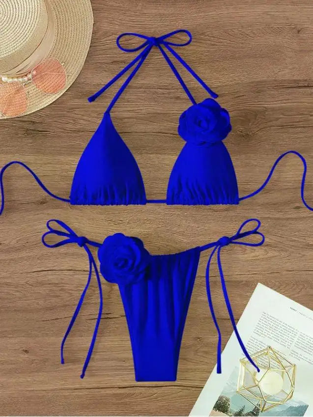 S - L Sexy 3D Flowers Halter Strappy Bikini, Swimwear Swimsuit Two-pieces Bikini Set Bather Bathing Suit Swim
