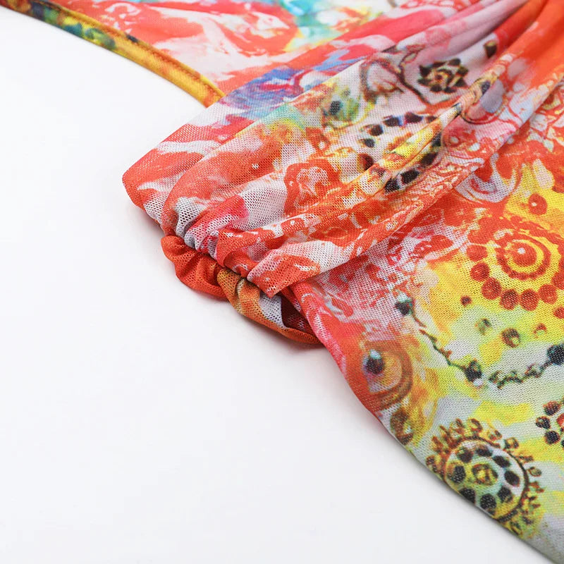 HLJ&GG Sexy Deep V Mesh See Though Bandage Long Dresses Women Tie Dye Print Sleeveless Backless Slim Vestidos Fashion Streetwear