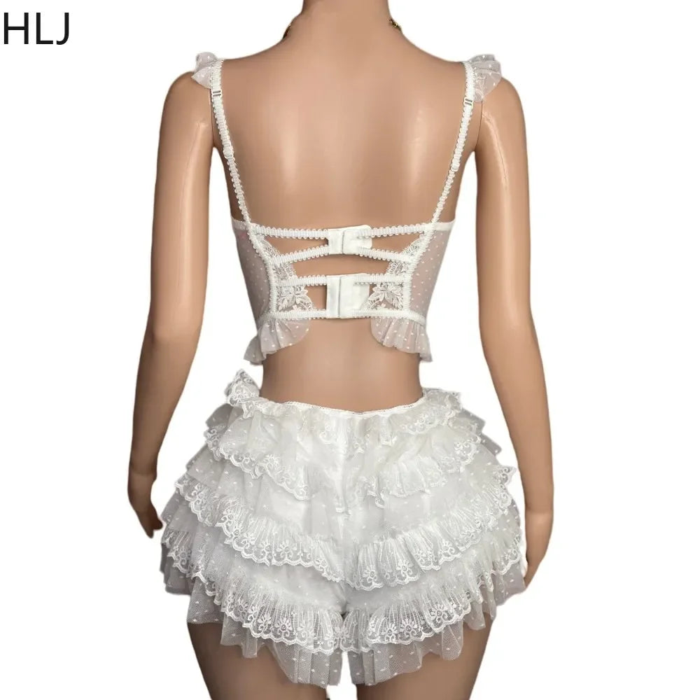 HLJ&GG Lace Sexy Embroidery Sheer Two Piece Sets For Women Thin Strap Tank Top + Ruffle Mini Skirts Shorts Outfit Party Clubwear