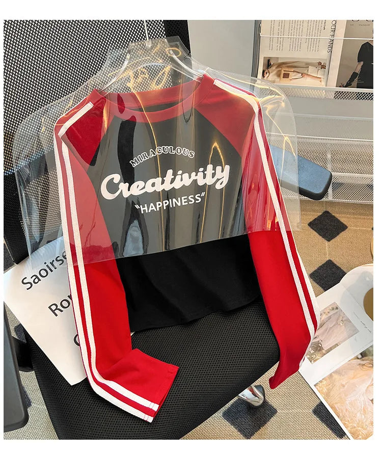 HLJ&GG Retro American Letter Printing Two Piece Sets Women Round Neck Long Sleeve Top And Mesh See Though Pants Outfits 2025 New