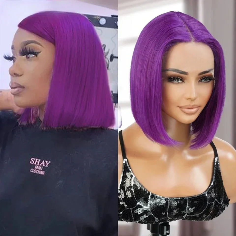 Brazilian Cosplay Purple Hair 13x5x1 T Part Transparent Lace Front Human Hair Wigs 180D Short Straight Lace Bob Wigs Human Wigs