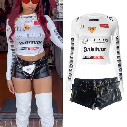 HLJ&GG Y2K Hot Girl Fashion Streetwear Women Letter Print O Neck Long Sleeve Slim Crop Top+Low waist Belt Leather Shorts Outfits
