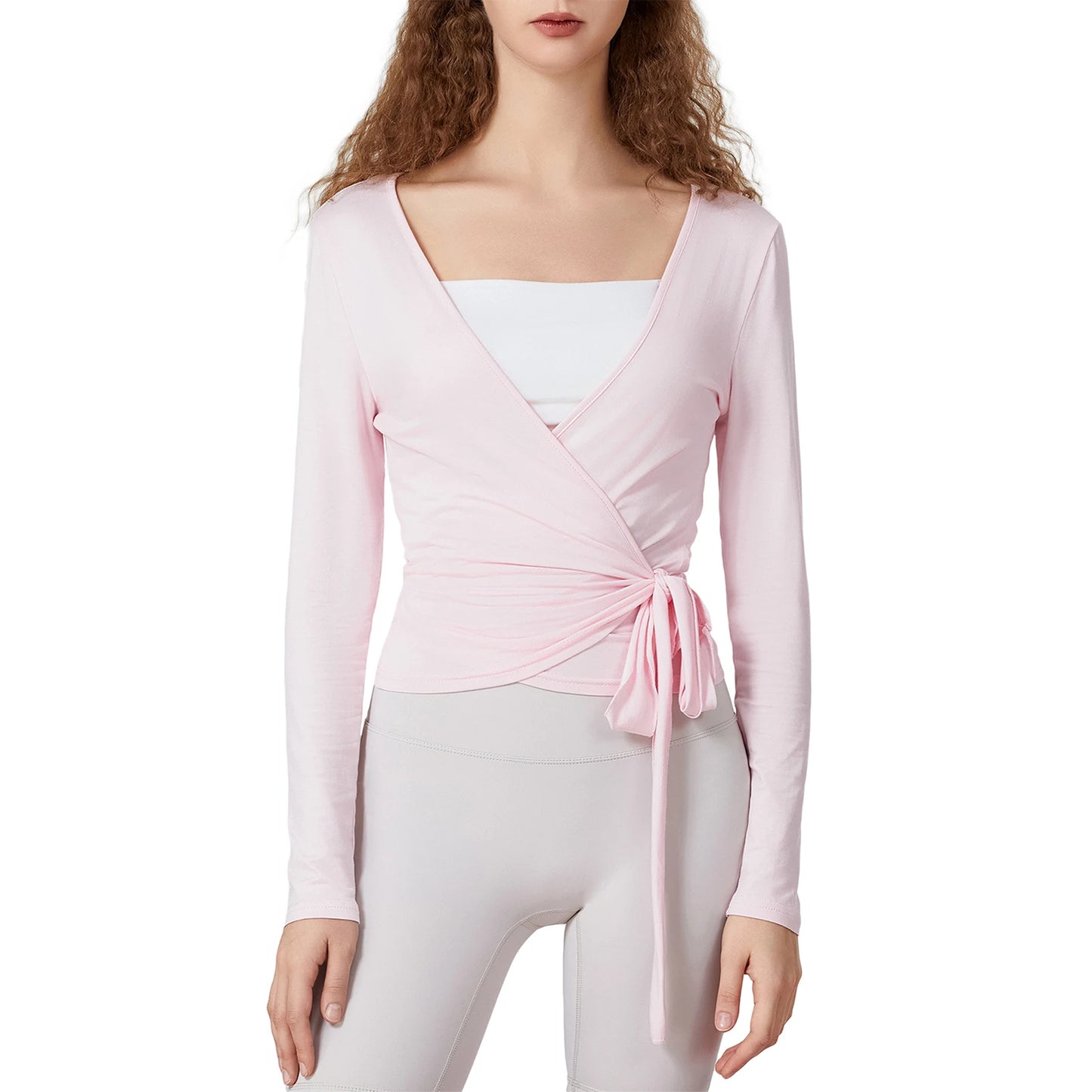 Women Yoga Wrap Tie Tops Y2k Solid Long Sleeve Slim Fit Crop Tops Ballet Workout Yoga T-Shirts Tees Coquette Sweet Chic Tops