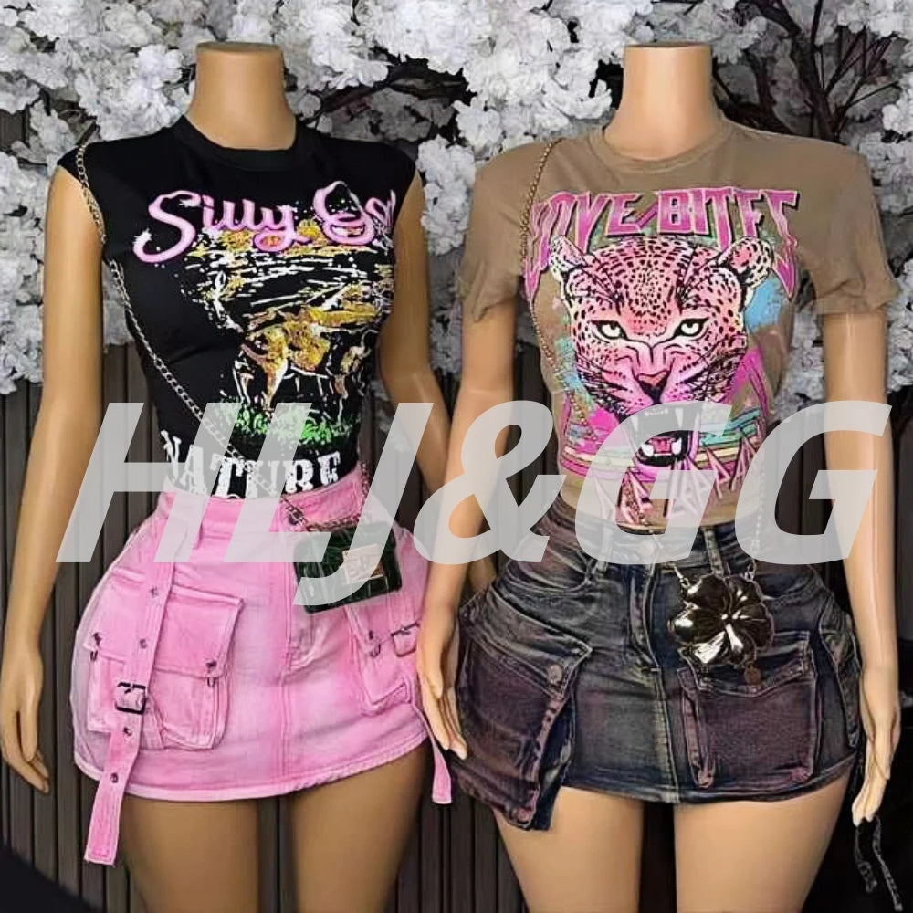 HLJ&GG Black Fashion Y2K Letter Print Two Piece Sets Women O Neck Sleeveless Top And Pocket Cargo Mini Skirts Outfits Streetwear