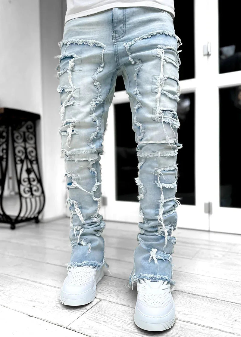 2025 New Men's Stacked Jeans Stretched Patchwork Tassel Damaged Denim Full Length Pants Hip-pop Trousers For Male