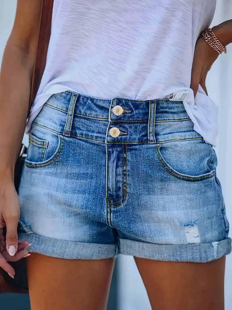 Ladies Oversized Shorts with Ripped Holes, Washed Rolled Hem, Double Buttons, Street Y2K Style Jeans