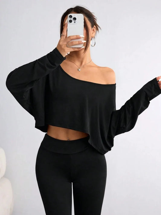 Women'S Black Long Sleeve Blouse T-shirt Casual Asymmetrical Neck Strapless Top for Sporty