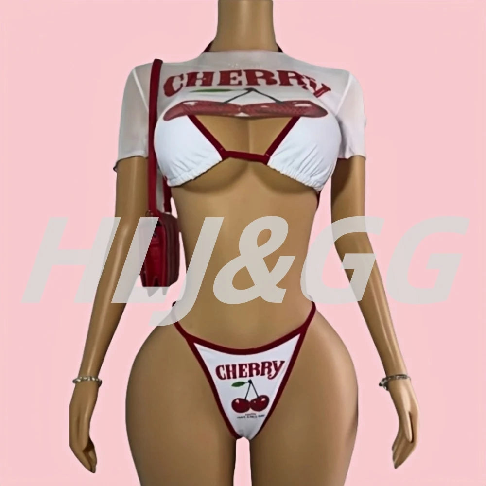 HLJ&GG Sexy Cherry Printed See Though 3 Piece Bikini Swimsuit Women Round Neck Short Sleeve Top Outfit Summer New 3pcs Beachwear