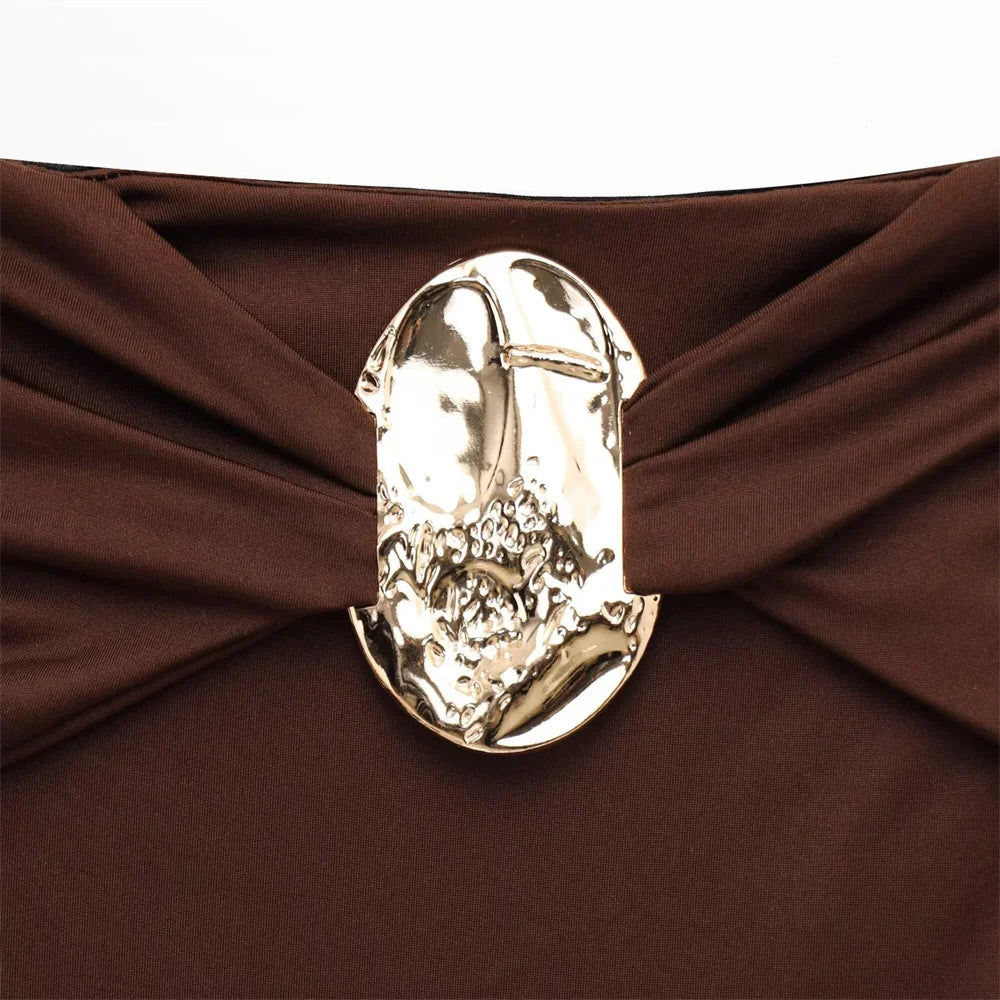 PB&ZA 2025 Women Off Shoulder One Piece Swimsuit with Decorative Buckle Stylish Black and Brown Design for Sale on AliExpress