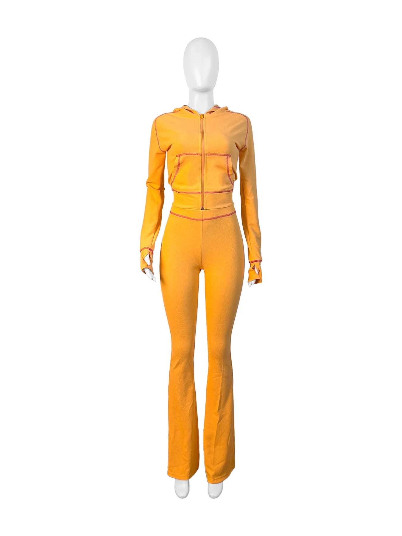 HLJ&GG Spring New Waffle Flare Pants Two Piece Sets Women Zip Hooded Long Sleeve Top + Pants Outfits Casual Sporty 2pcs Clothing