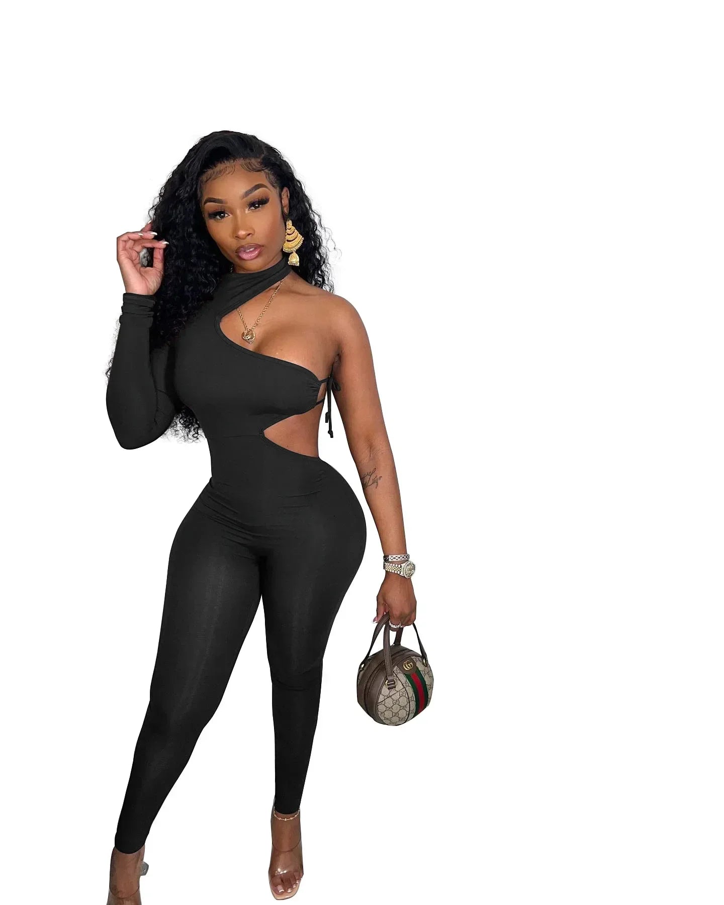 CM.YAYA Women Sexy Party Club Tie Up Open Side One Shoulder One Long Sleeve Jumpsuit Skinny Solid One Piece Overall Set Outfits