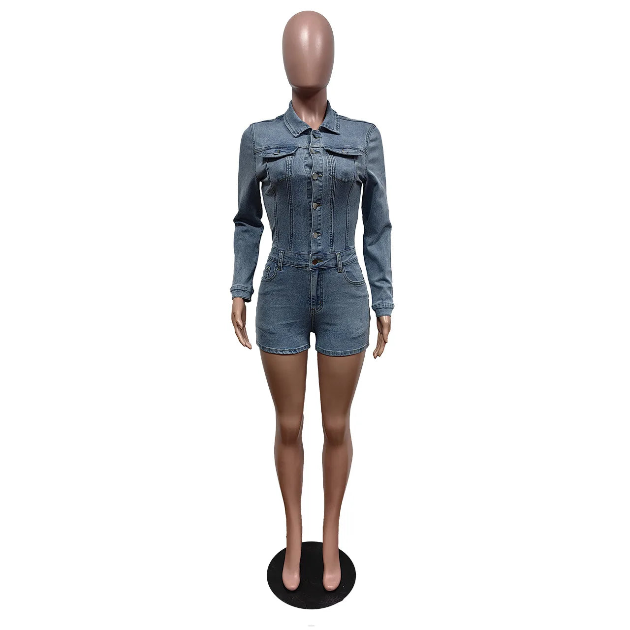 HLJ&GG Blue Fashion Pocket jeans Bodycon Rompers Women V Neck Long Sleeve Slim Cowboy One Piece Jumpsuits Sexy Female Overalls