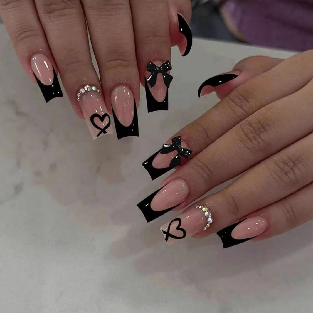 White French Press on Nails 3D Bowknot Fake Nails Tips Full Cover Wearable False Nails for Women and Girls DIY 24Pcs