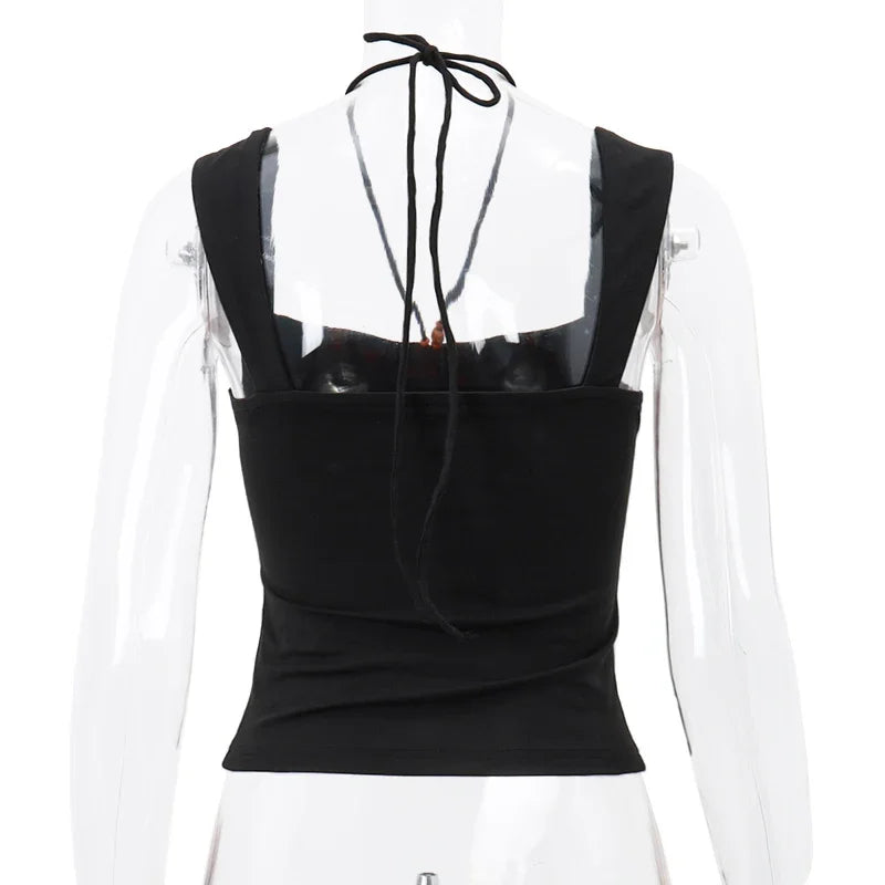 WhereMery Summer Women Black Slim Halter Tank Top Y2K Sexy Square-neck Pleated Backless Crop Tops Casual Sleeveless Bodycon Vest