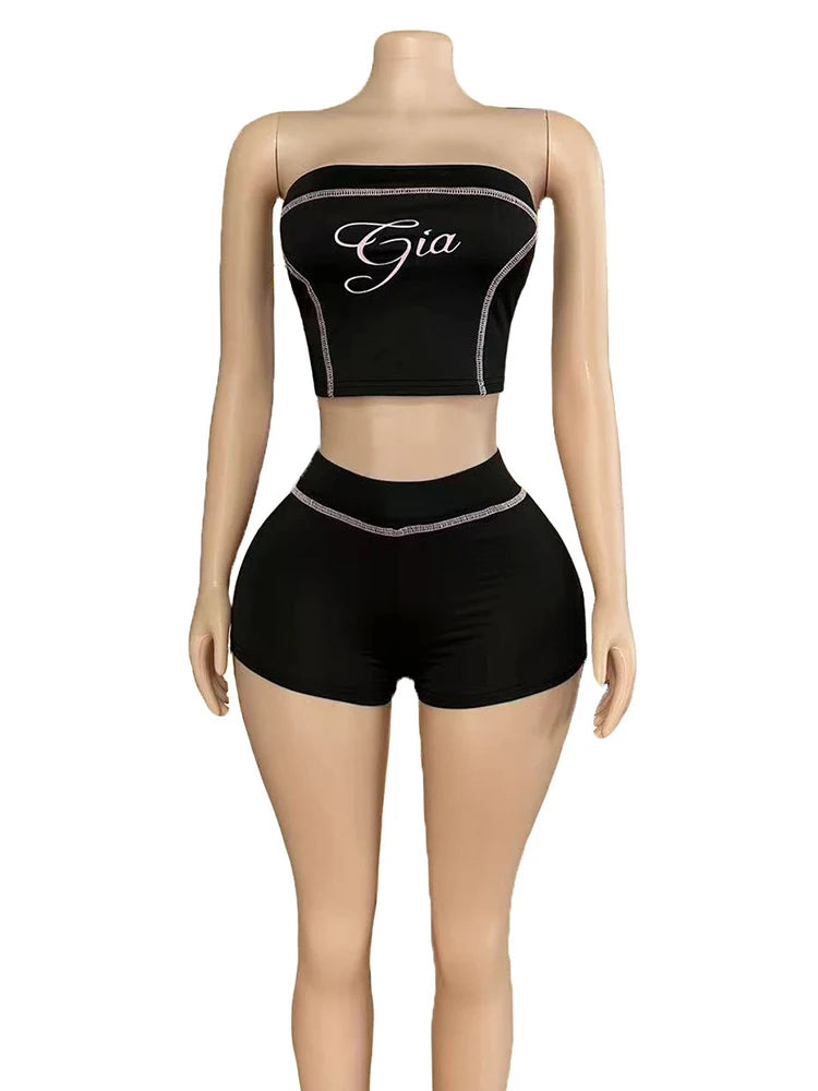 Weird Puss Letter Print Women 2 Piece Set Tracksuit Letter Print Strapless Tos+Shorts Matching Streetwear Skinny Stretch Outfits