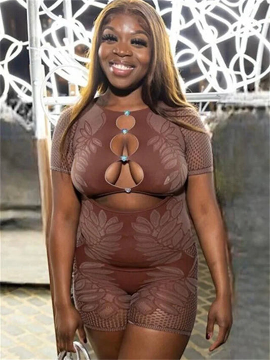 Weird Puss Hollow Diamond Playsuits Woman Summer Sexy Short Sleeve O-Neck Sport Knit Casual Comfortable Streetwear Skinny Romper