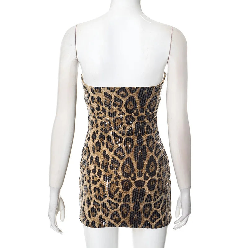HLJ&GG Y2K Fashion Leopard Sequined Shorts Two Piece Sets Women Letter Print Round Neck Slim Crop Top And Shorts Outfits 2025