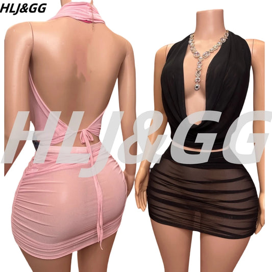 HLJ&GG Sexy Ruched Halter Deep V Mini Skirts Two Piece Sets Women Sleeveless Backless Lace Up Crop Top+Skirts Outfits Streetwear