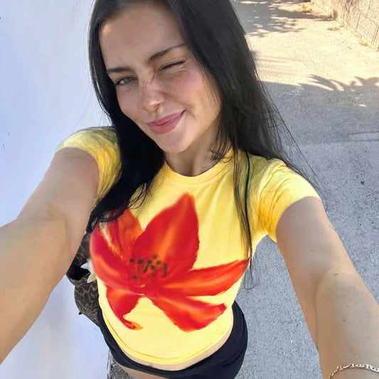 STYLISH LADY Contrast Color Floral Printed Crop Tops 2025 Summer Women Short Sleeve O Neck Casual Holiday Street T Shirts Tees