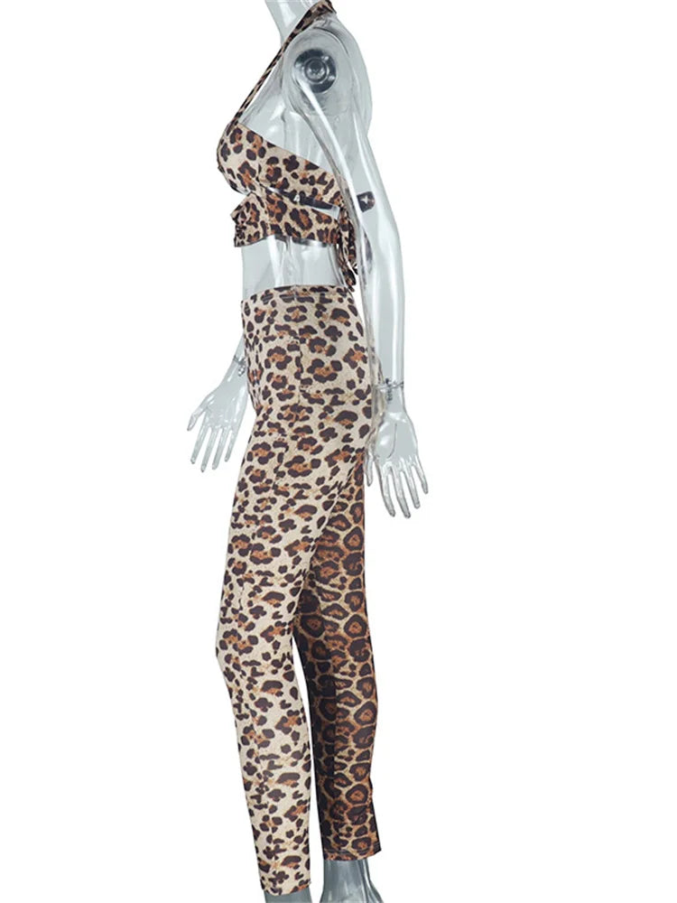 Weird Puss Leopard Print 2 Piece Set Women Halter Bandage Backless Crop Tops+Skinny Peach Hip Pants Wild Trend Streetwear Suits